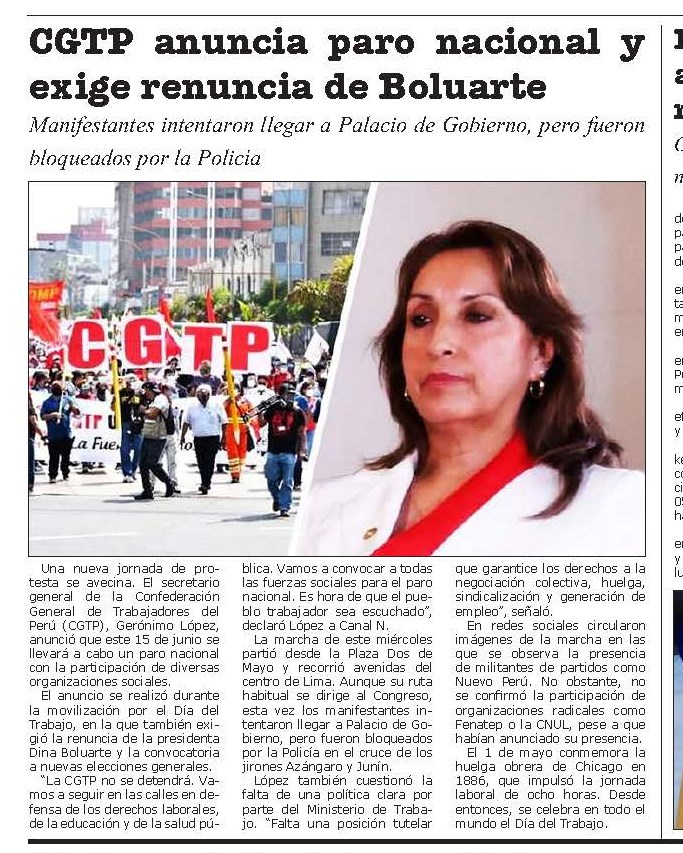 CGTP ANUNCIA, PARO NACIONAL Y EXIGE RENUNCIA DE BOLUARTE