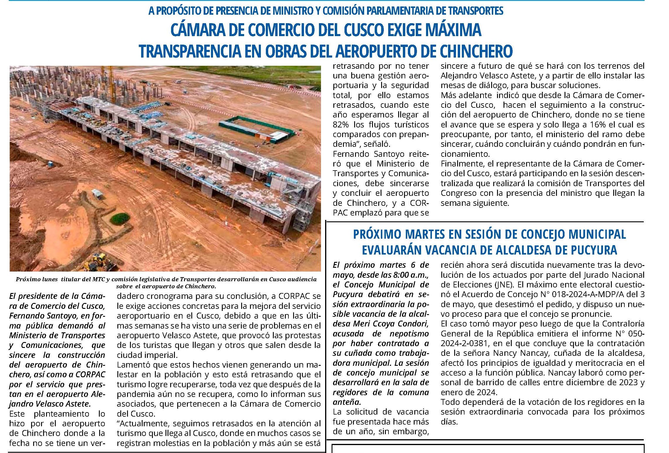 EXIGEN MÁXIMA TRANSPARENCIA EN OBRAS DEL AEROPUERTO DE CHINCHERO