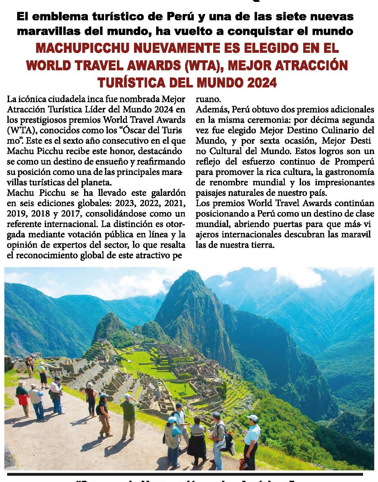 MACHUPICCHU NUEVAMENTE ES ELEGIDO EN EL WORLD TRAVEL AWARDS, MEJOR ATRACCIÓN TURÍSTICA DEL MUNDO 2024