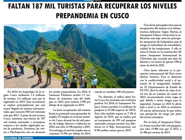 FALTAN 187 MIL TURISTAS PARA RECUPERAR LOS NIVELES PREPANDEMIA EN CUSCO