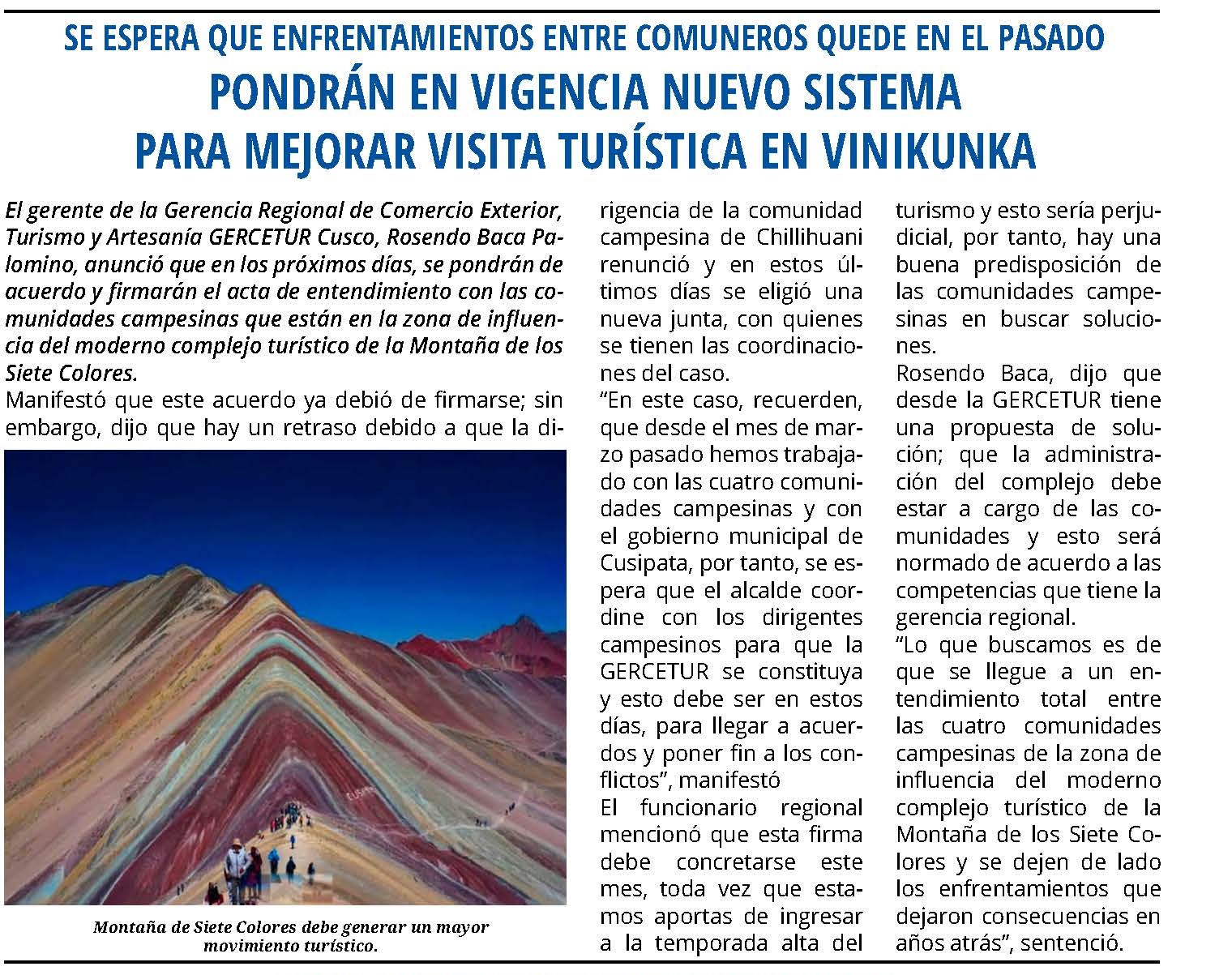 PONDRÁN EN VIGENCIA NUEVO SISTEMA PARA MEJORAR VISITA TURÍSTICA EN VINIKUNKA