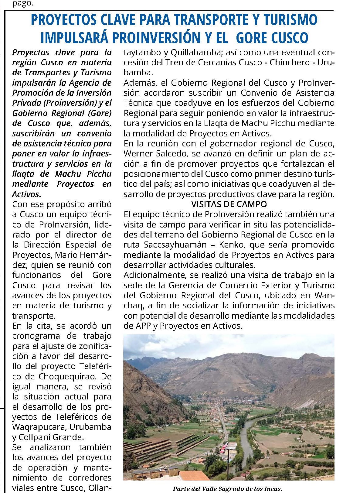 PROYECTOS CLAVE PARA TRANSPORTE Y TURISMO IMPULSARÁ PROINVERSIÓN Y EL GORE CUSCO