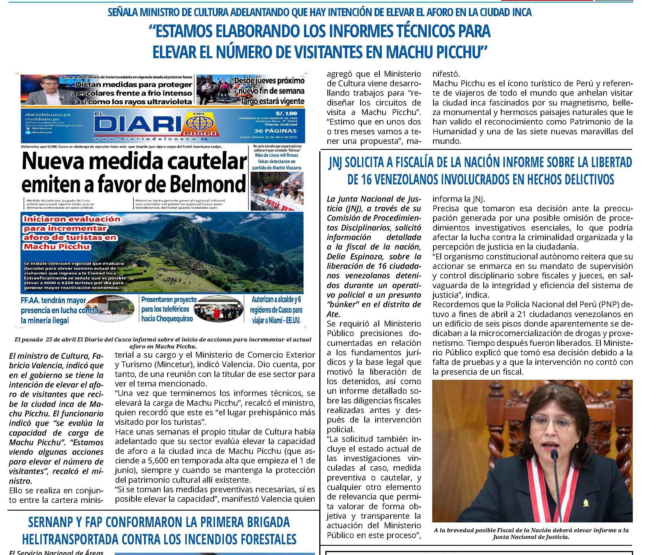 ESTAMOS ELABORANDO LOS INFORMES TÉCNICOS PARA ELEVAR EL NÚMERO DE VISITANTES EN MACHU PICCHU