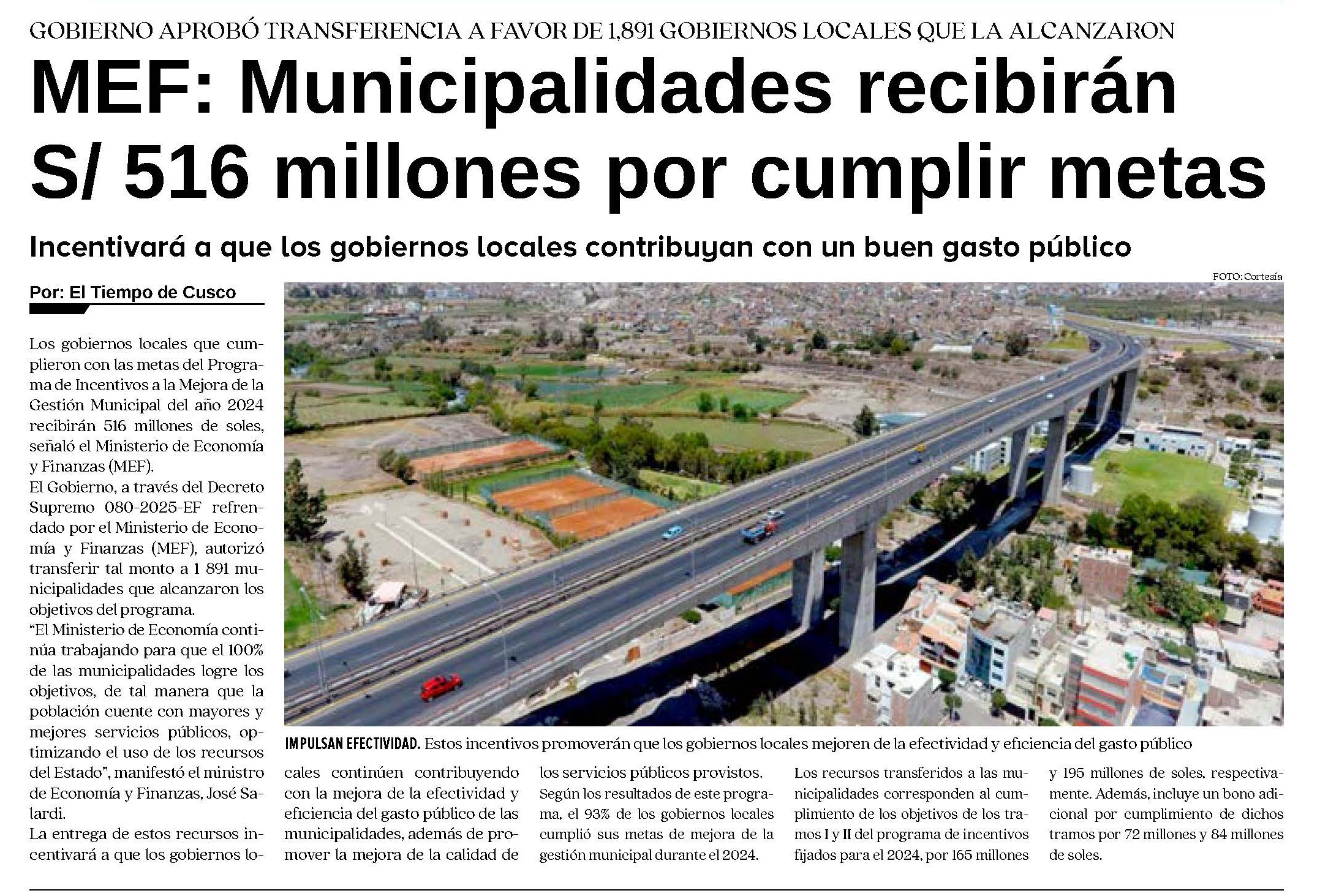 MEF: MUNICIPALIDADES RECIBIRÁN S/. 516 MILLONES POR CUMPLIR METAS