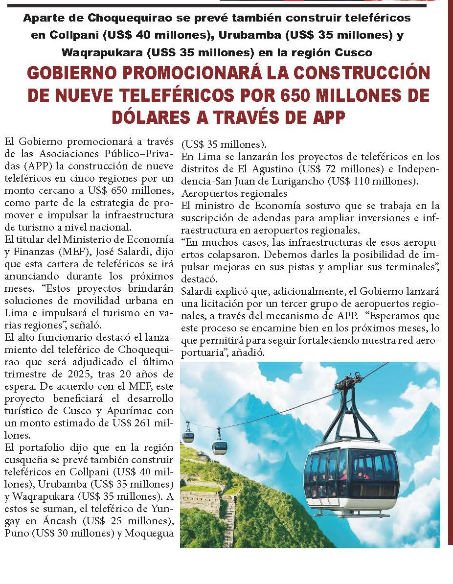 GOBIERNO PROMOCIONARÁ LA CONSTRUCCIÓN DE NUEVE TELEFÉRICOS POR USD 650 MILLONES