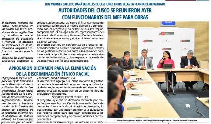 AUTORIDADES DEL CUSCO SE REUNIERON CON FUNCIONARIOS DEL MEF ANALIZAR OBRAS