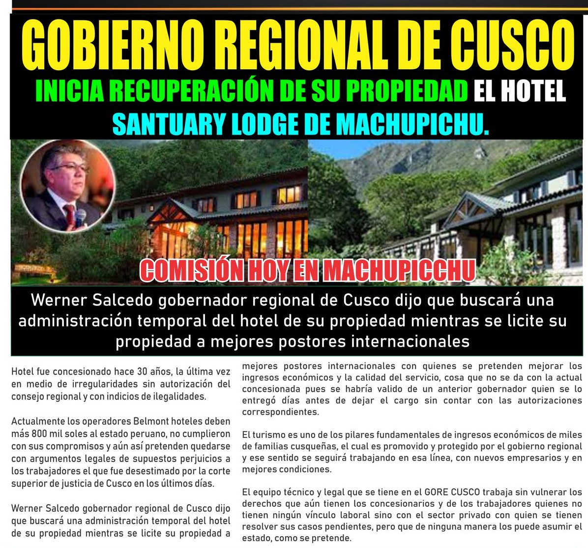 HOTEL SANCTUARY LODGE DE MACHU PICCHU TENDRÁ ADMINISTRACIÓN TEMPORAL UNA VEZ QUE SEA RECUPERADO EL PRÓXIMO 16 DE MAYO