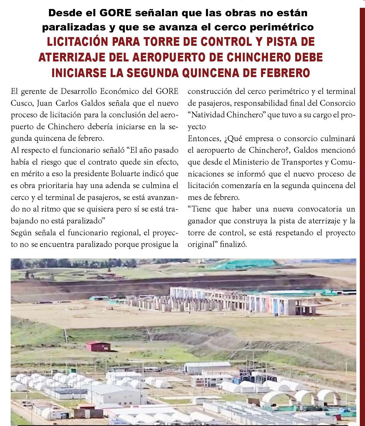 LICITACIÓN PARA TORRE DE CONTROL Y PISTA DE ATERRIZAJE DEL AEROPUERTO DE CHINCHERO DEBE INICIARSE A FINES DE FEBRERO