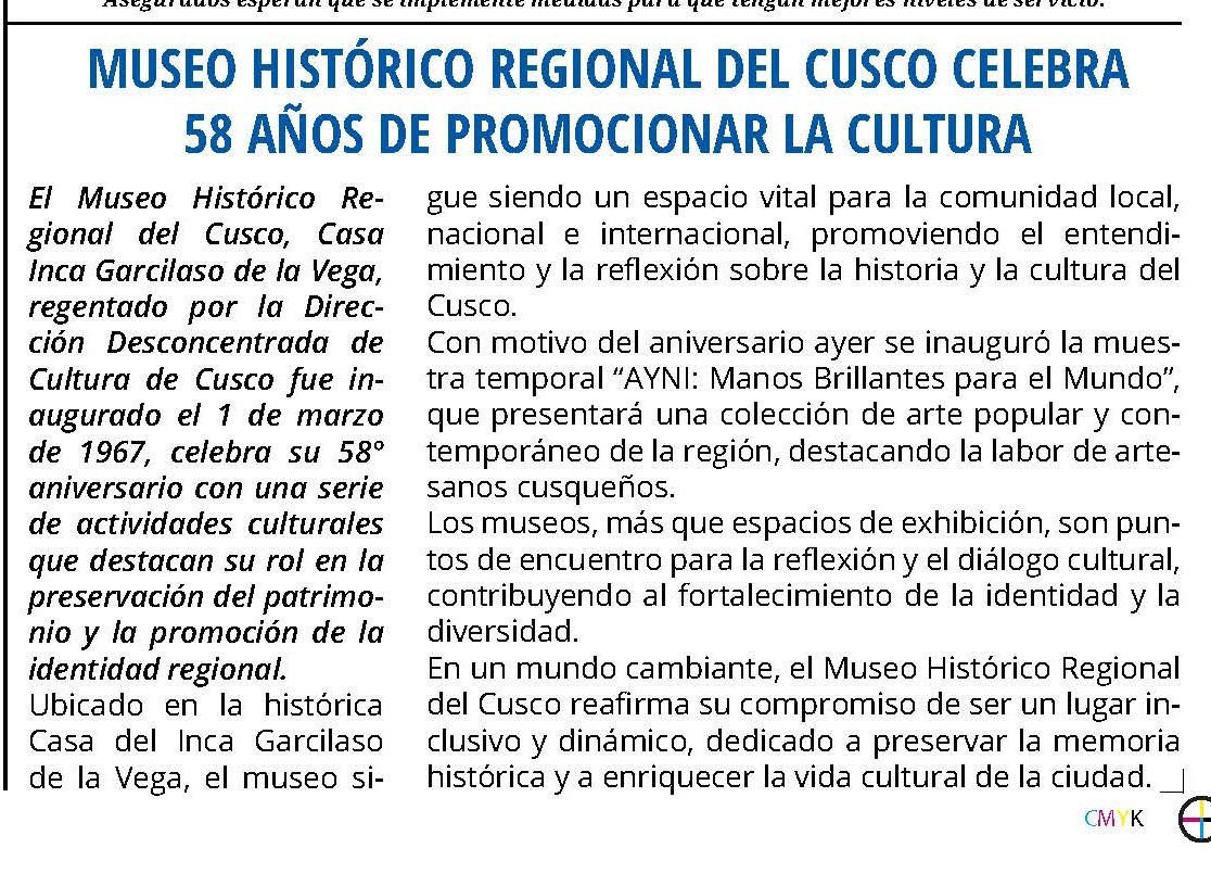 EL MUSEO HISTÓRICO REGIONAL DEL CUSCO CELEBRA 58 AÑOS