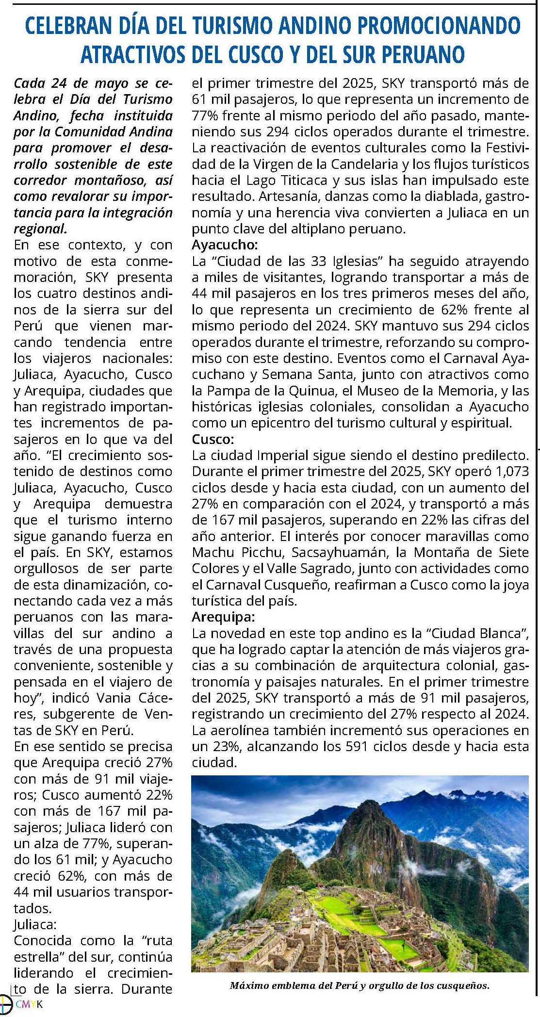 CELEBRAN DÍA DEL TURISMO ANDINO PROMOCIONANDO ATRACTIVOS DEL CUSCO Y DEL SUR PERUANO