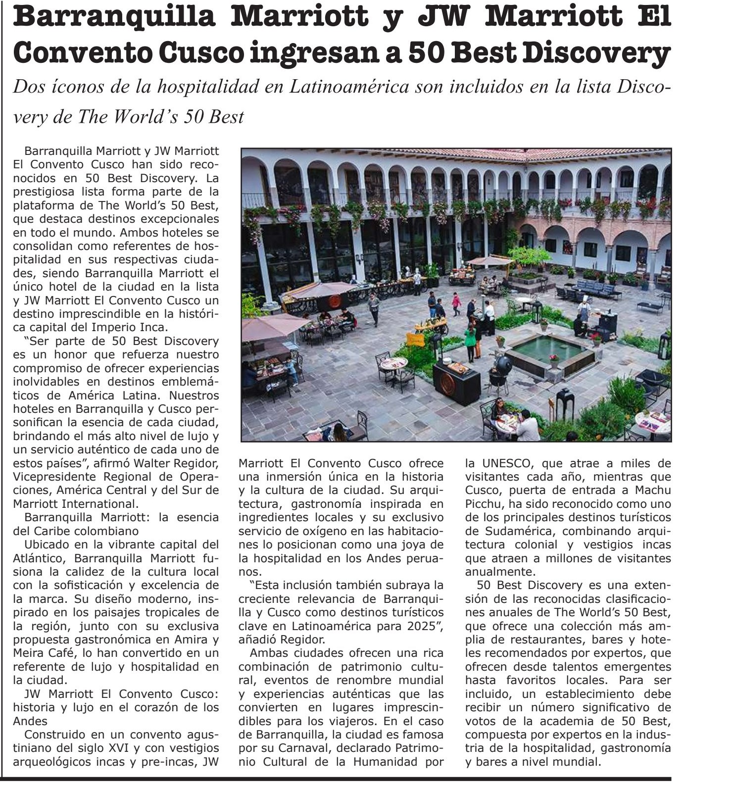 JW MARRIOTT EL CONVENTO CUSCO INGRESAN A 50 BEST DISCOVERY