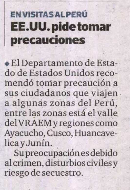 EE.UU EMITIÓ UNA NUEVA ALERTA PARA SUS CIUDADANOS QUE VIAJEN AL PERÚ