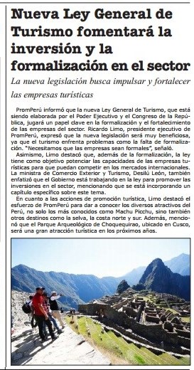 NUEVA LEY GENERAL DE TURISMO FOMENTARÁ LA INVERSIÓN Y LA FORMALIZACIÓN EN EL SECTOR