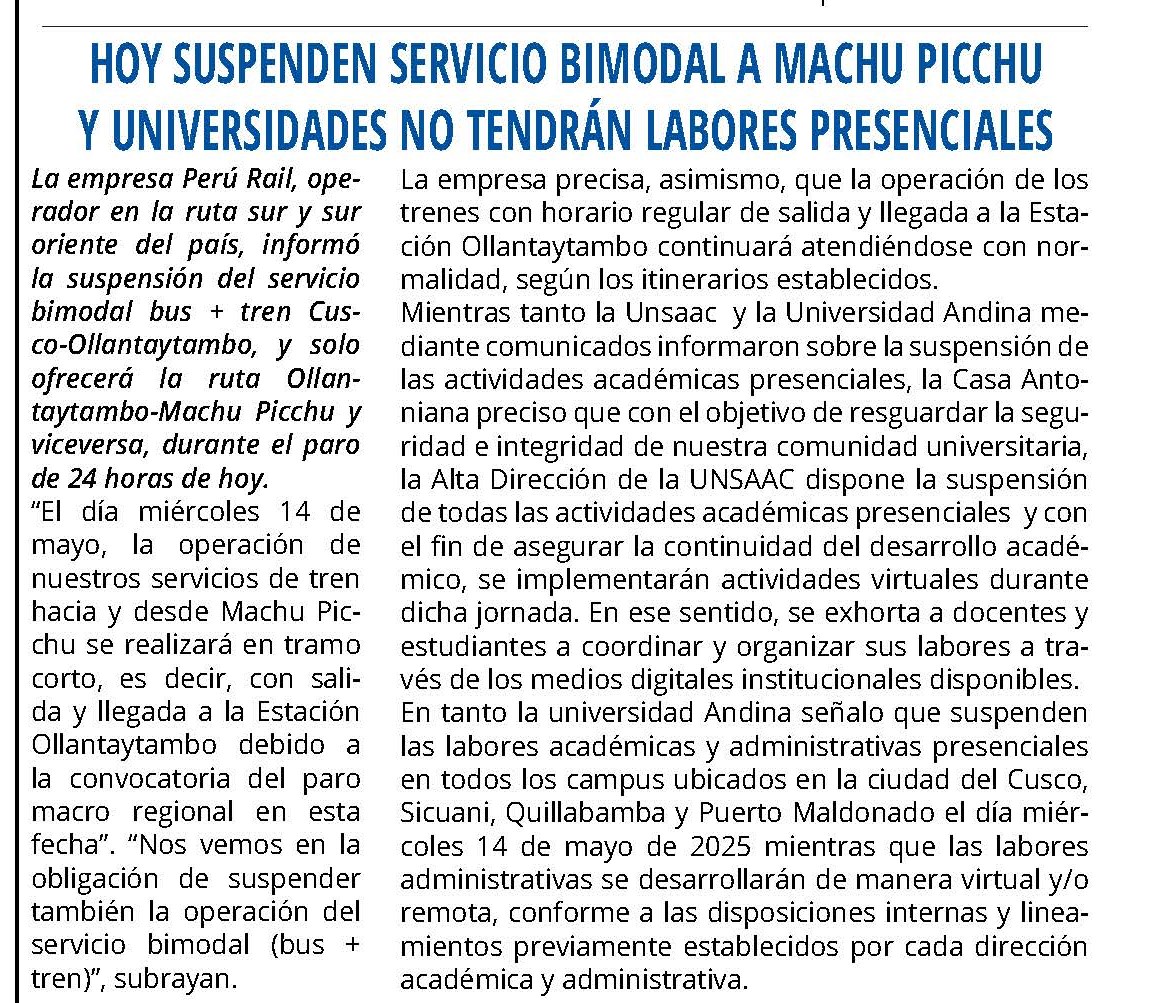 PERÚ RAIL SUSPENDERÁ OPERACIONES POR TRAMOS DEBIDO A PARO ANUNCIADO