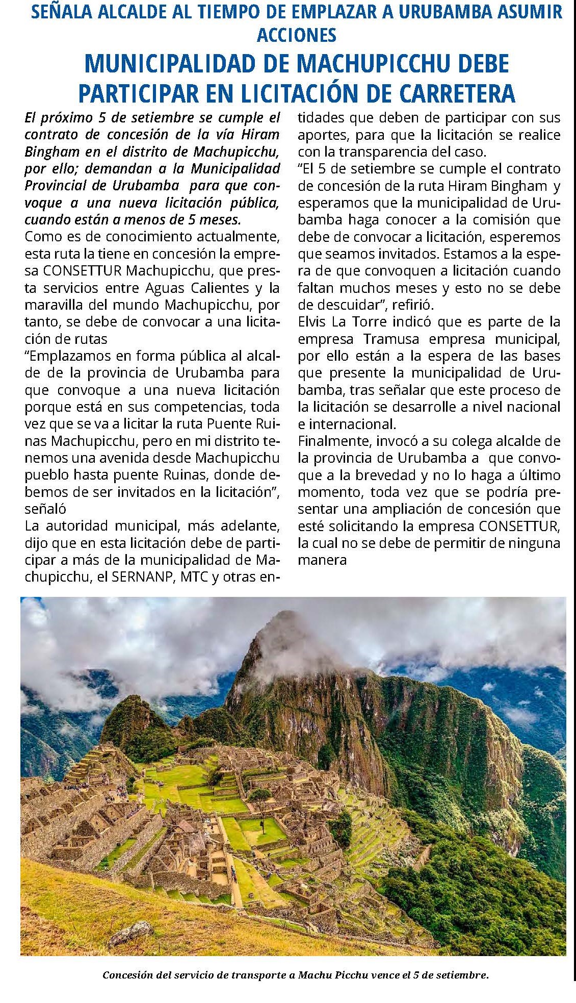NO HAY UN ADECUADO PROCESO DE LICITACIÓN DE LA CARRETERA HIRAM BINGHAM