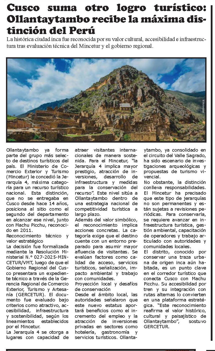 CUSCO SUMA OTRO LOGRO TURÍSTICO: OLLANTAYTAMBO RECIBE LA MÁXIMA DISTINCIÓN DEL PERÚ