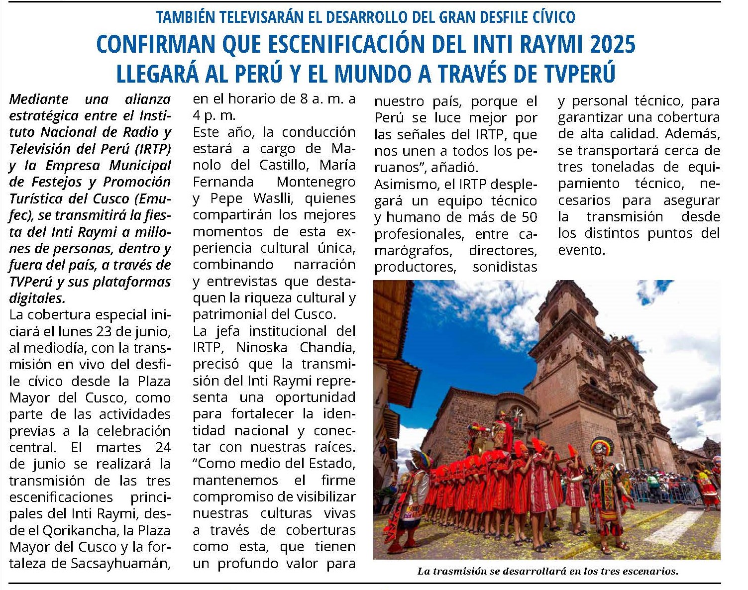 INTI RAYMI 2025 LLEGARÁ AL PERÚ Y EL MUNDO A TRAVÉS DE TV PERÚ