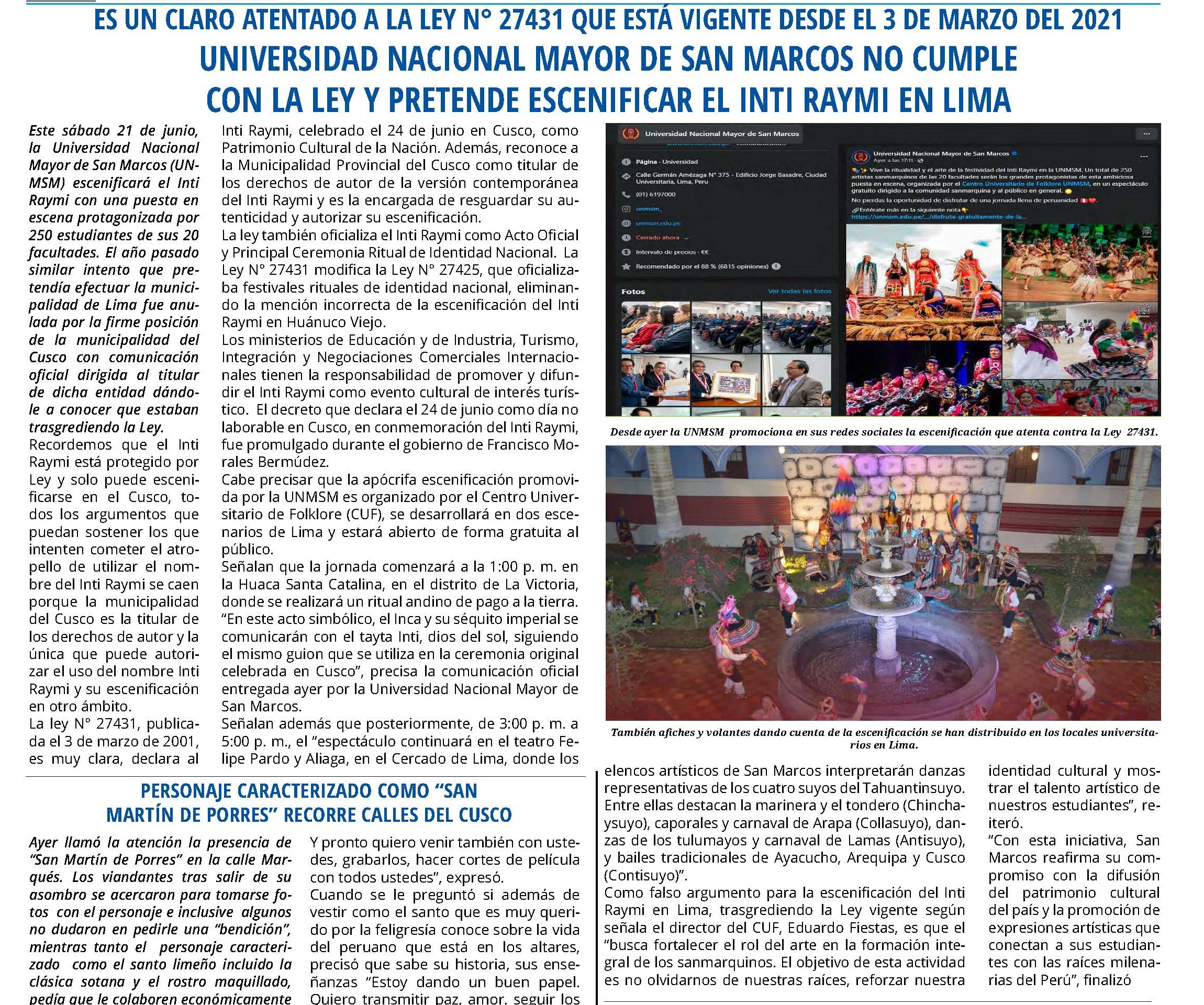 UNIVERSIDAD SAN MARCOS INCUMPLE LA LEY Y PRETENDE ESCENIFICAR EL INTI RAYMI EN LIMA