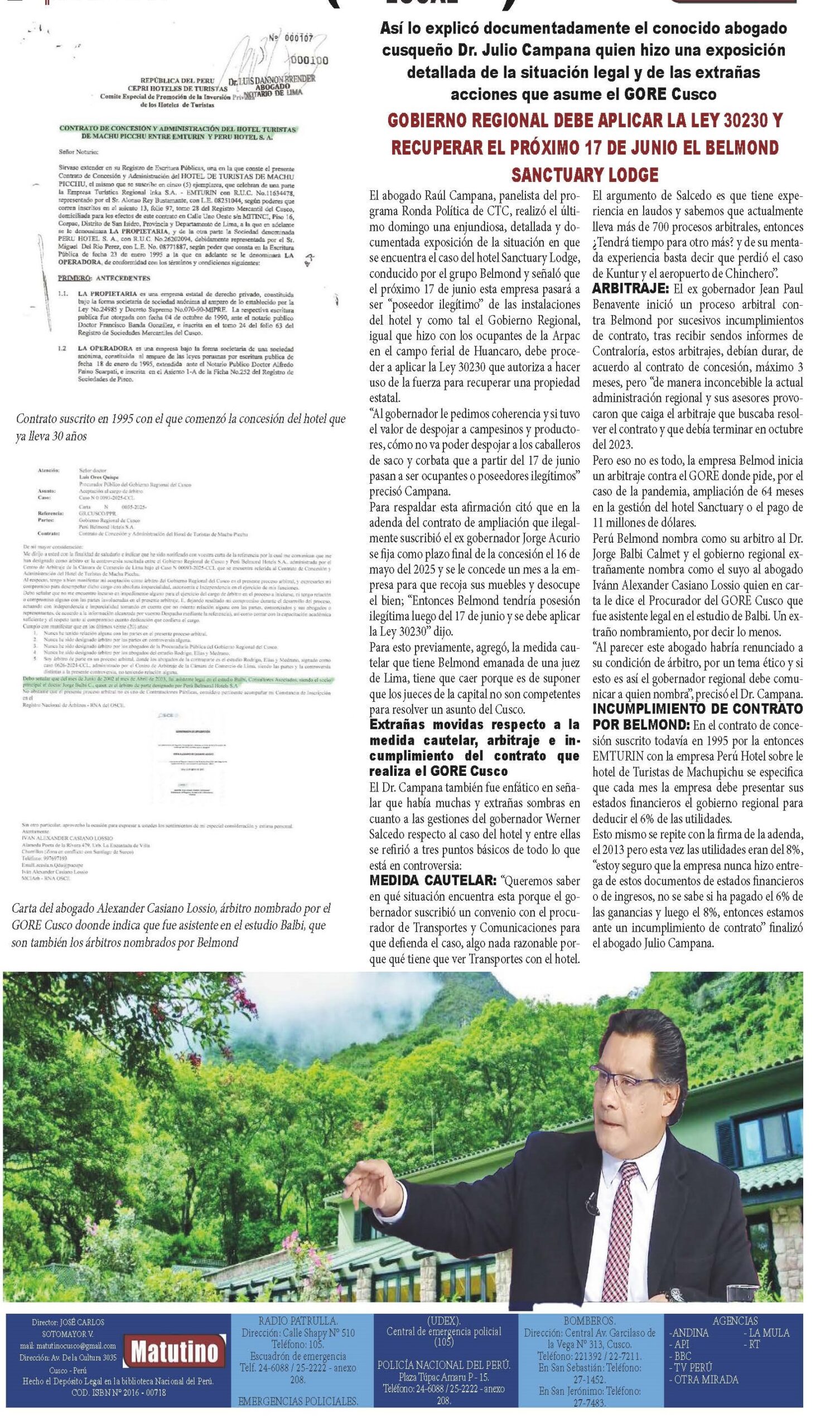 GOBIERNO REGIONAL DEBE APLICAR LA LEY 30230 Y RECUPERAR EL BELMOND SANCTUARY LODGE