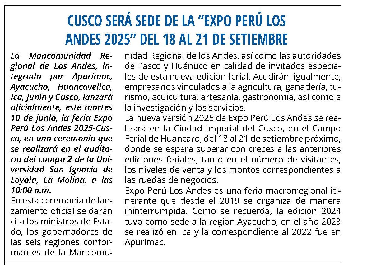 CUSCO SERÁ SEDE DE LA “EXPO PERÚ LOS ANDES 2025” DEL 18 AL 21 DE SETIEMBRE