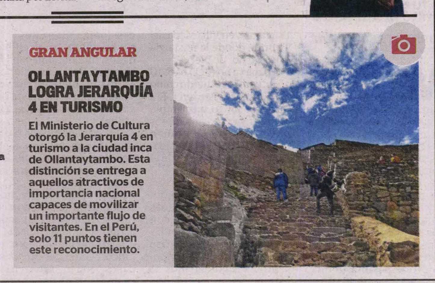 OLLANTAYTAMBO LOGRA JERARQUÍA 4 EN TURISMO