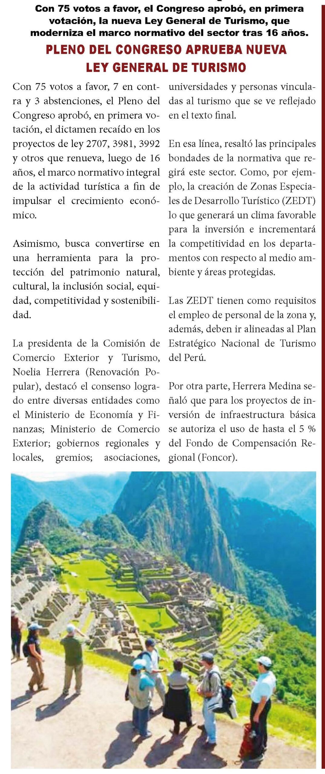 PLENO DEL CONGRESO APRUEBA NUEVA LEY GENERAL DE TURISMO