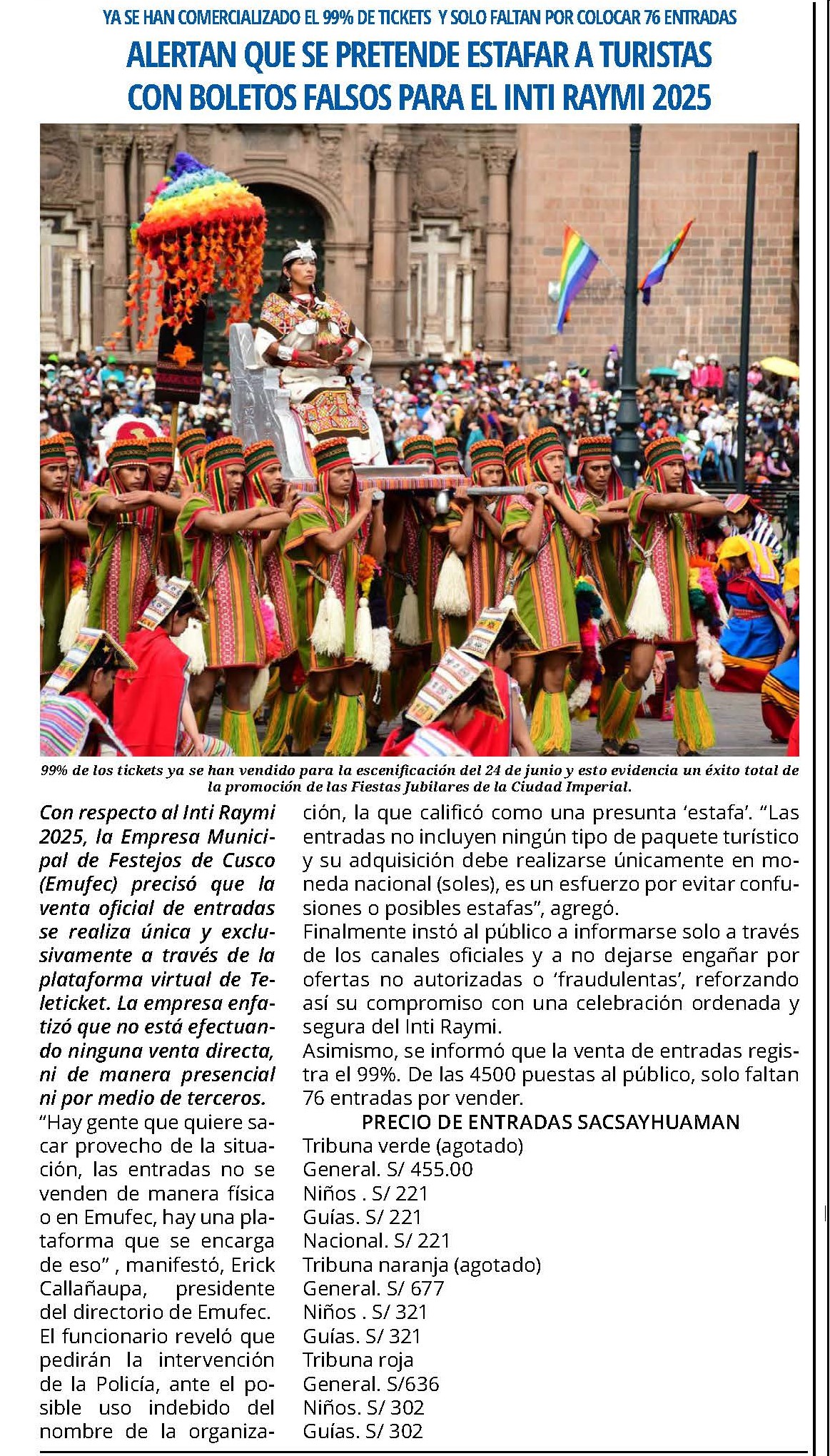 EMUFEC ADVIERTE POSIBLE FRAUDE EN LA COMERCIALIZACIÓN DE ENTRADAS PARA EL INTI RAYMI