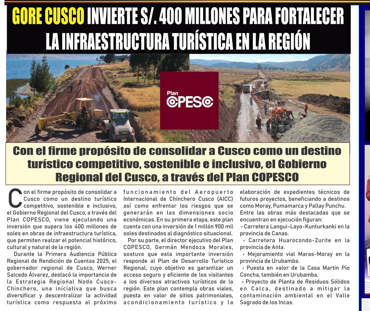 GORE CUSCO INVIERTE S/. 400 MILLONES EN INFRAESTRUCTURA TURÍSTICA EN LA REGIÓN