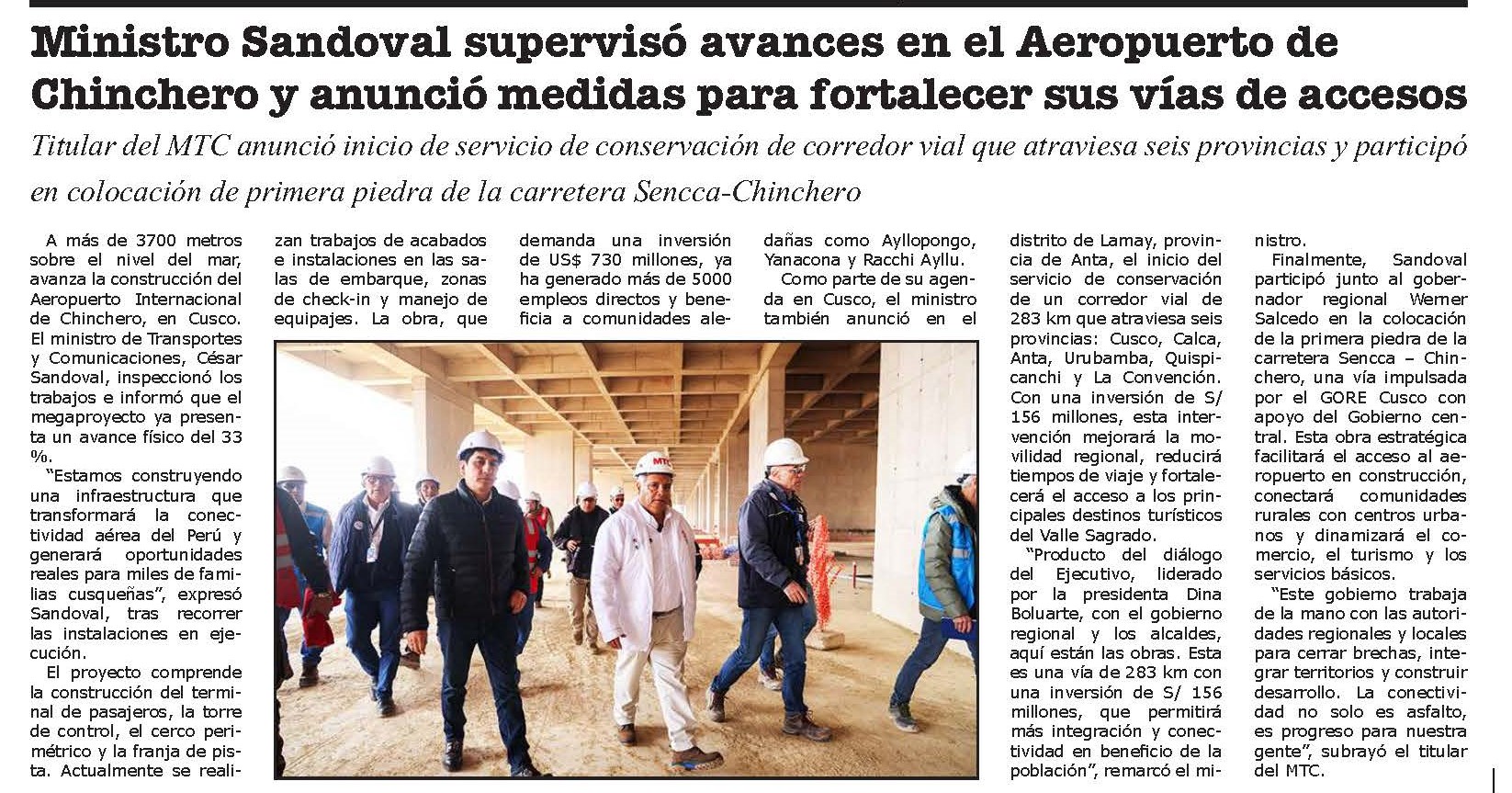 SUPERVISAN AVANCES EN EL AEROPUERTO DE CHINCHERO Y ANUNCIAN MEDIDAS PARA FORTALECER VÍAS DE ACCESO EN CUSCO