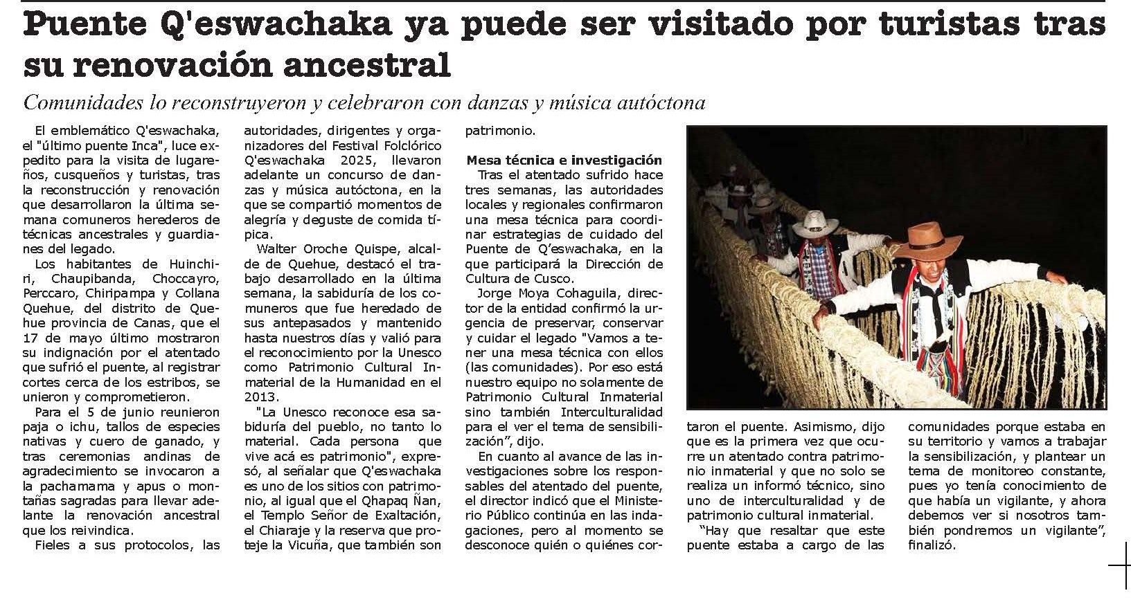 COMUNIDADES RECONSTRUYERON PUENTE QESWACHAKA