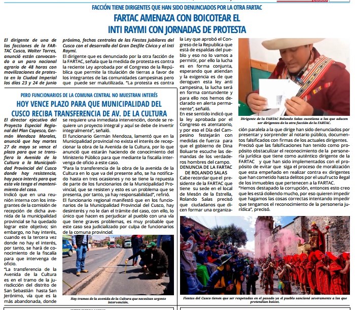 PARO AGRARIO AMENAZA LA FIESTA DEL SOL EN CUSCO