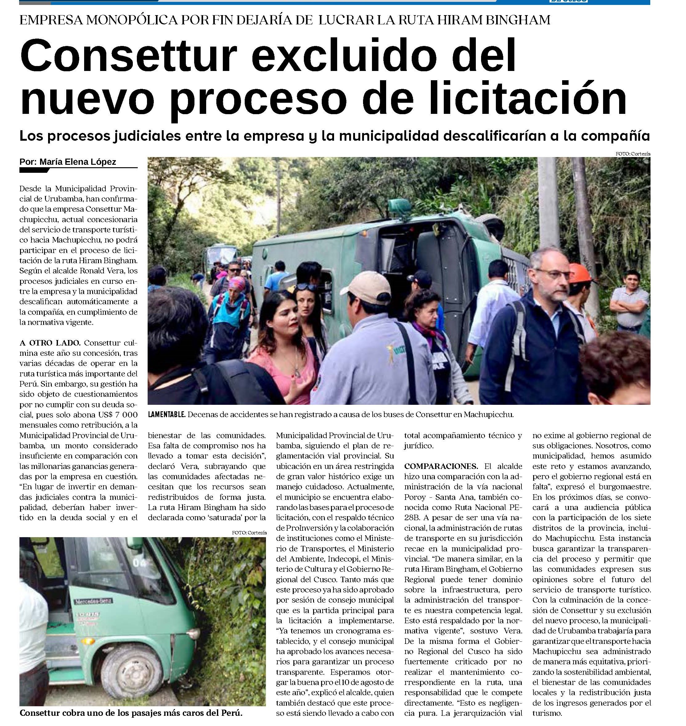 ANUNCIAN FECHA DE LICITACIÓN DE LA RUTA HIRAM BINGHAM