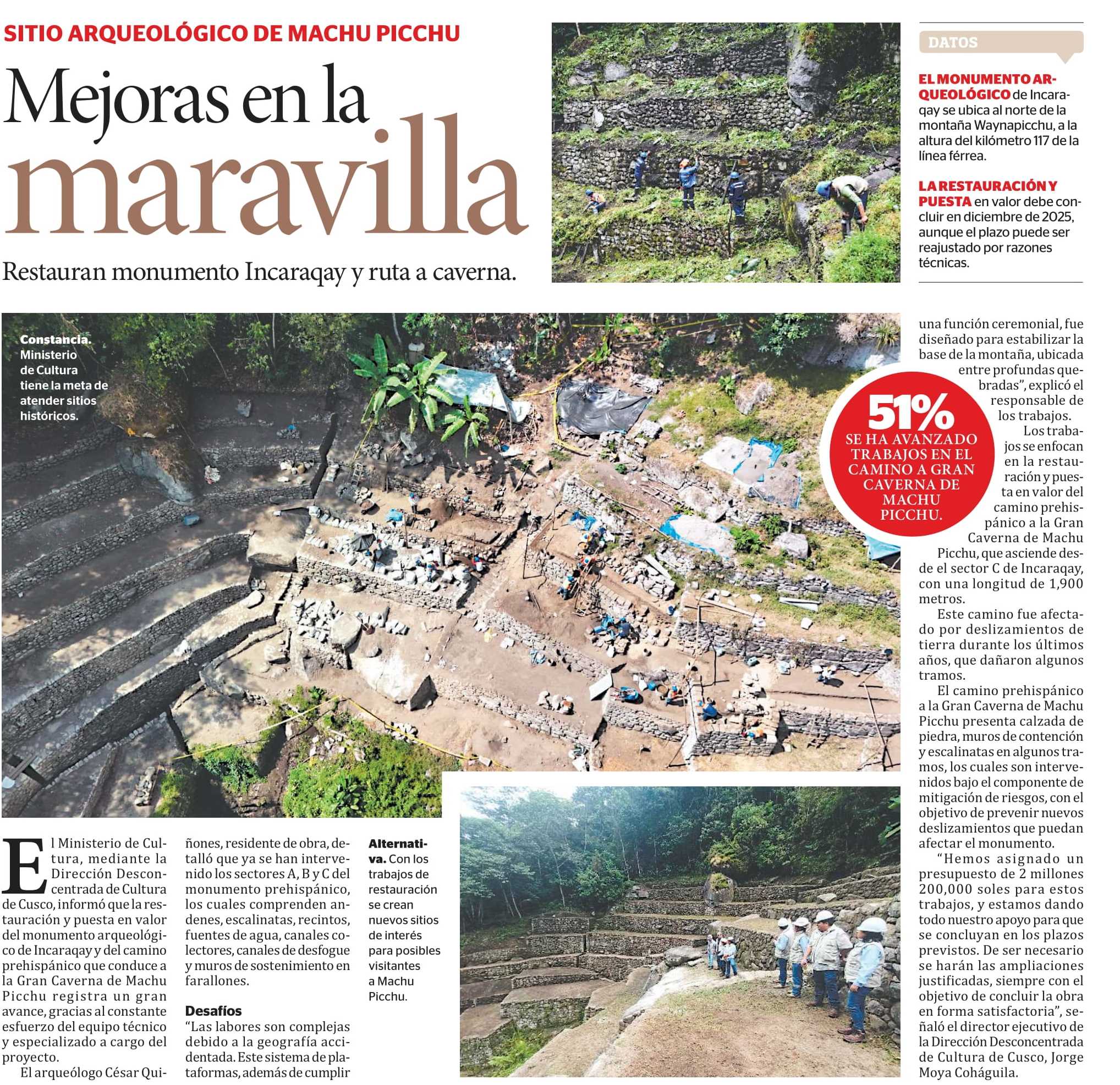 RESTAURACIÓN DEL SITIO ARQUEOLÓGICO DE INKA RAQAY REGISTRA 51% DE AVANCE