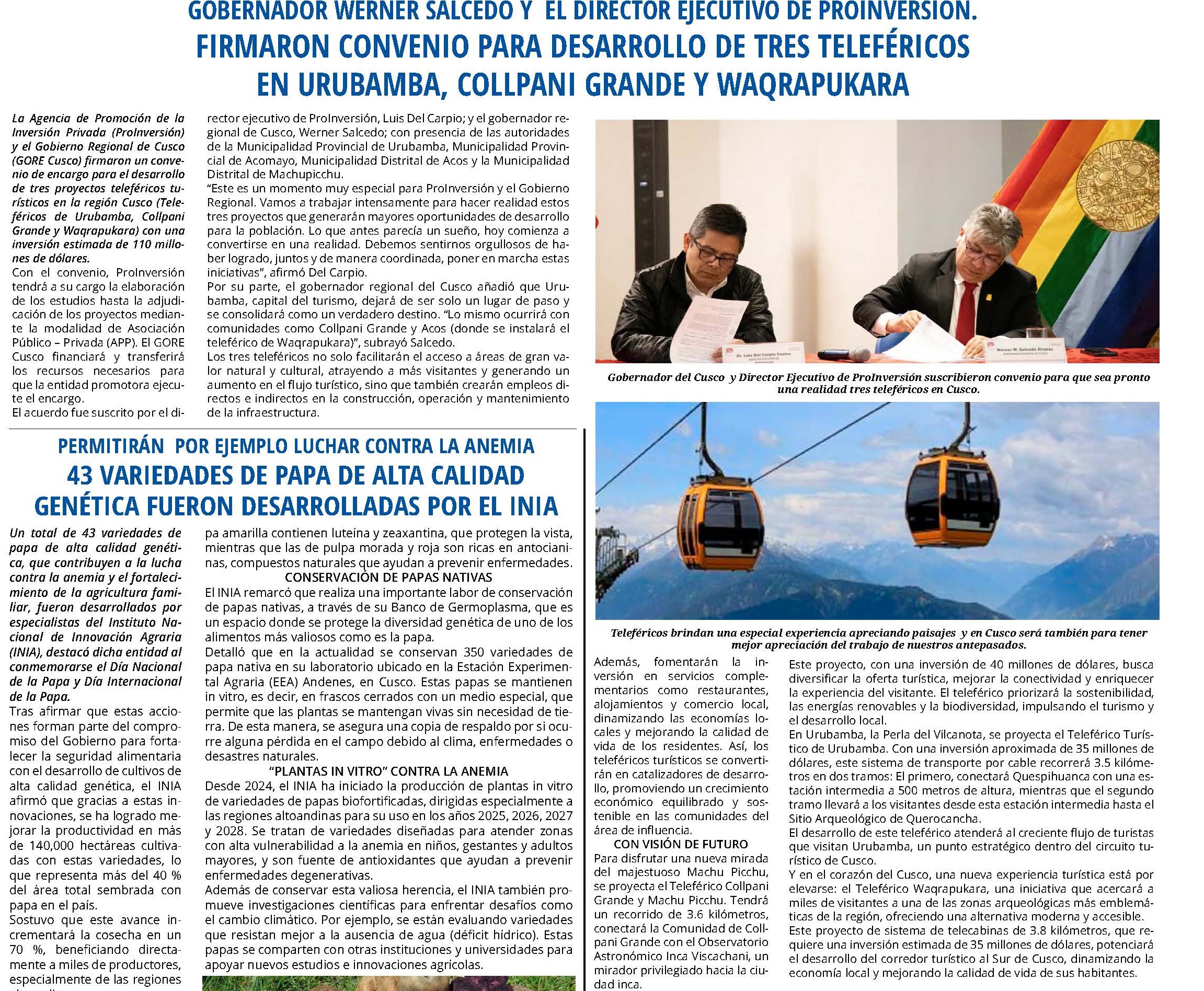 FIRMAN CONVENIO PARA DESARROLLO DE TRES TELEFÉRICOS EN CUSCO