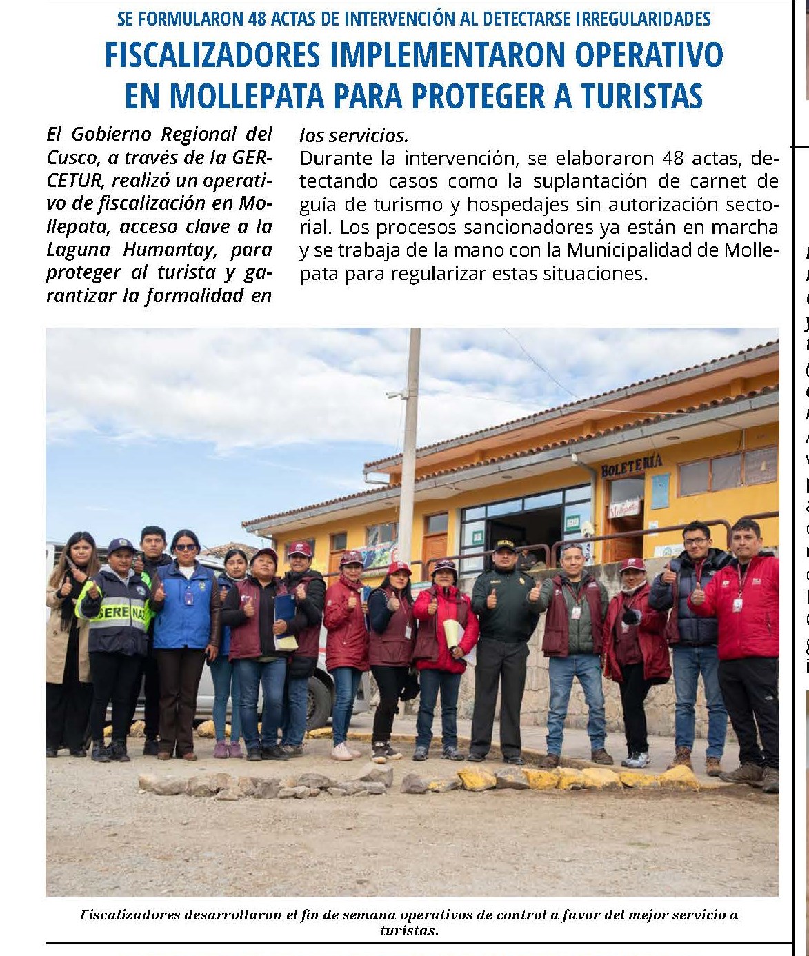 OPERATIVO DESARROLLADO EN MOLLEPATA DETECTA AGENCIAS Y GUÍAS INFORMALES