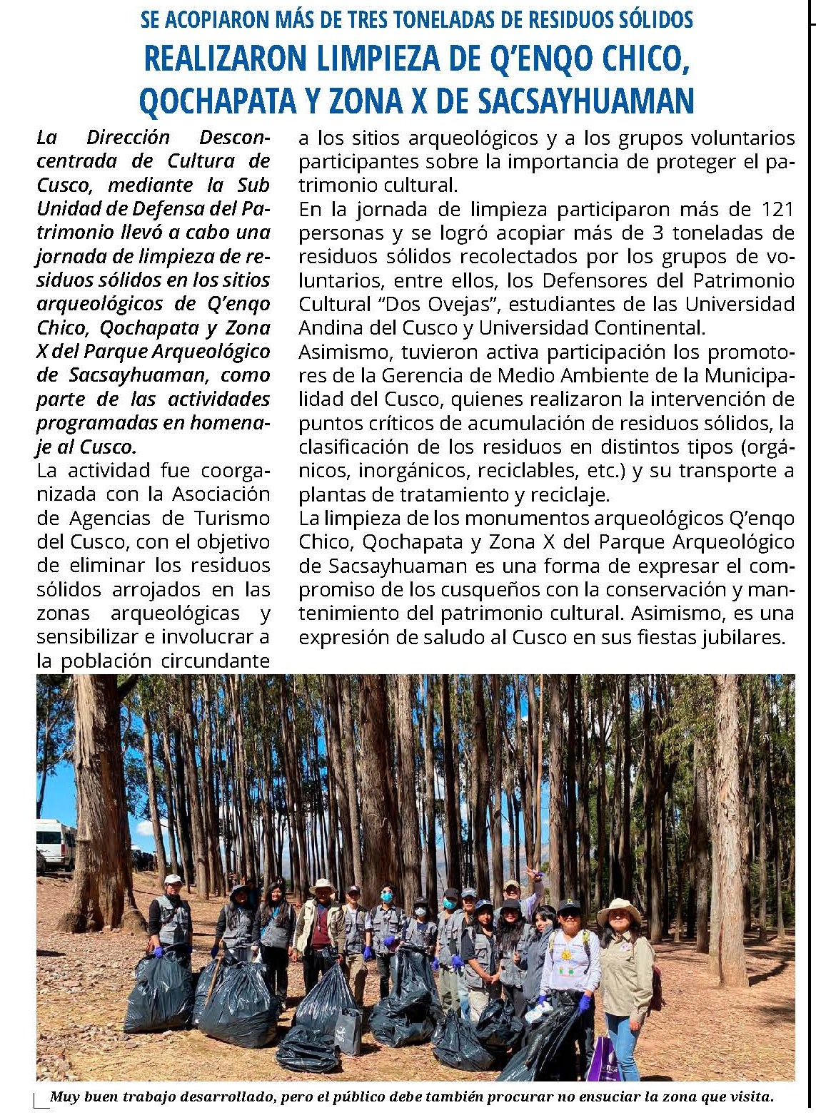 CUSQUEÑOS REALIZAN LABORES DE LIMPIEZA EN EL PARQUE ARQUEOLÓGICO DE SACSAYHUAMÁN