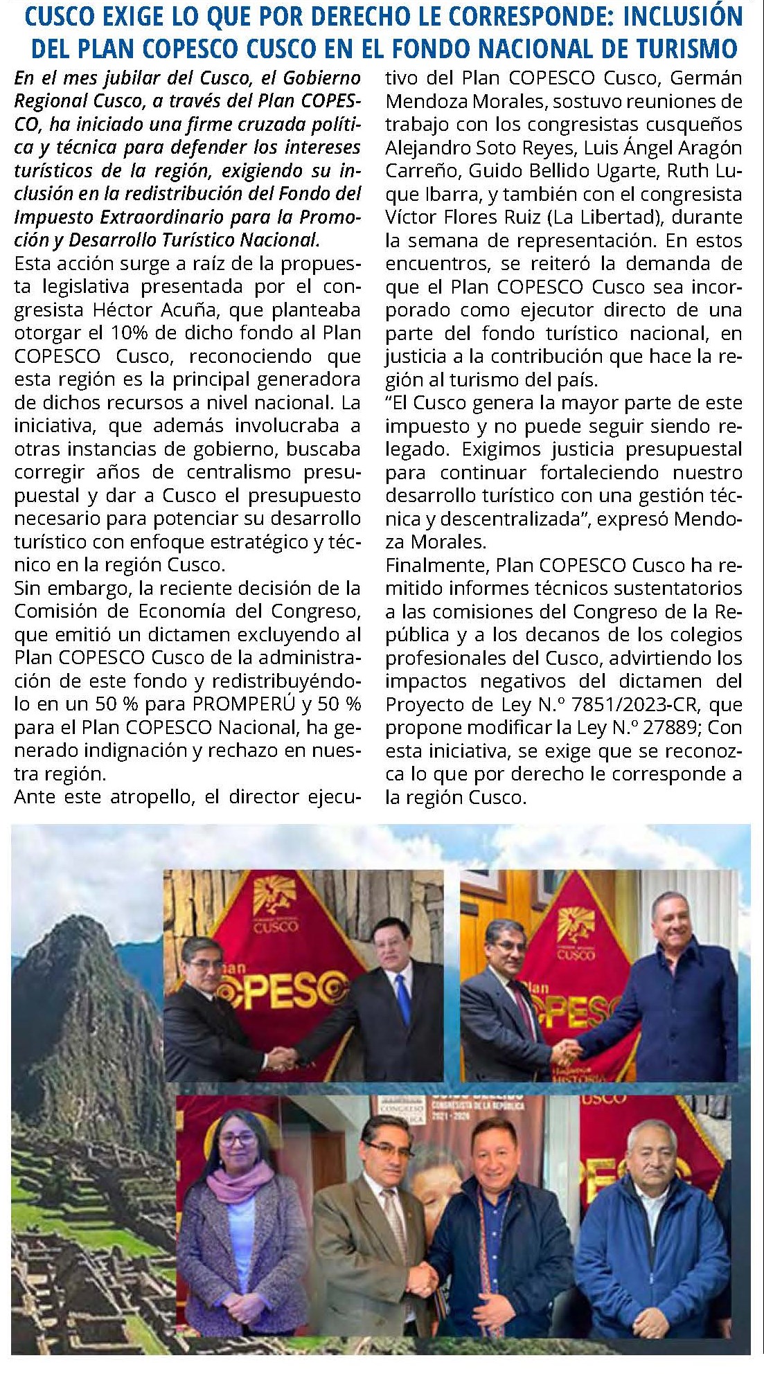 CUSCO EXIGE INCLUSIÓN DEL PLAN COPESCO CUSCO EN EL FONDO NACIONAL DE TURISMO