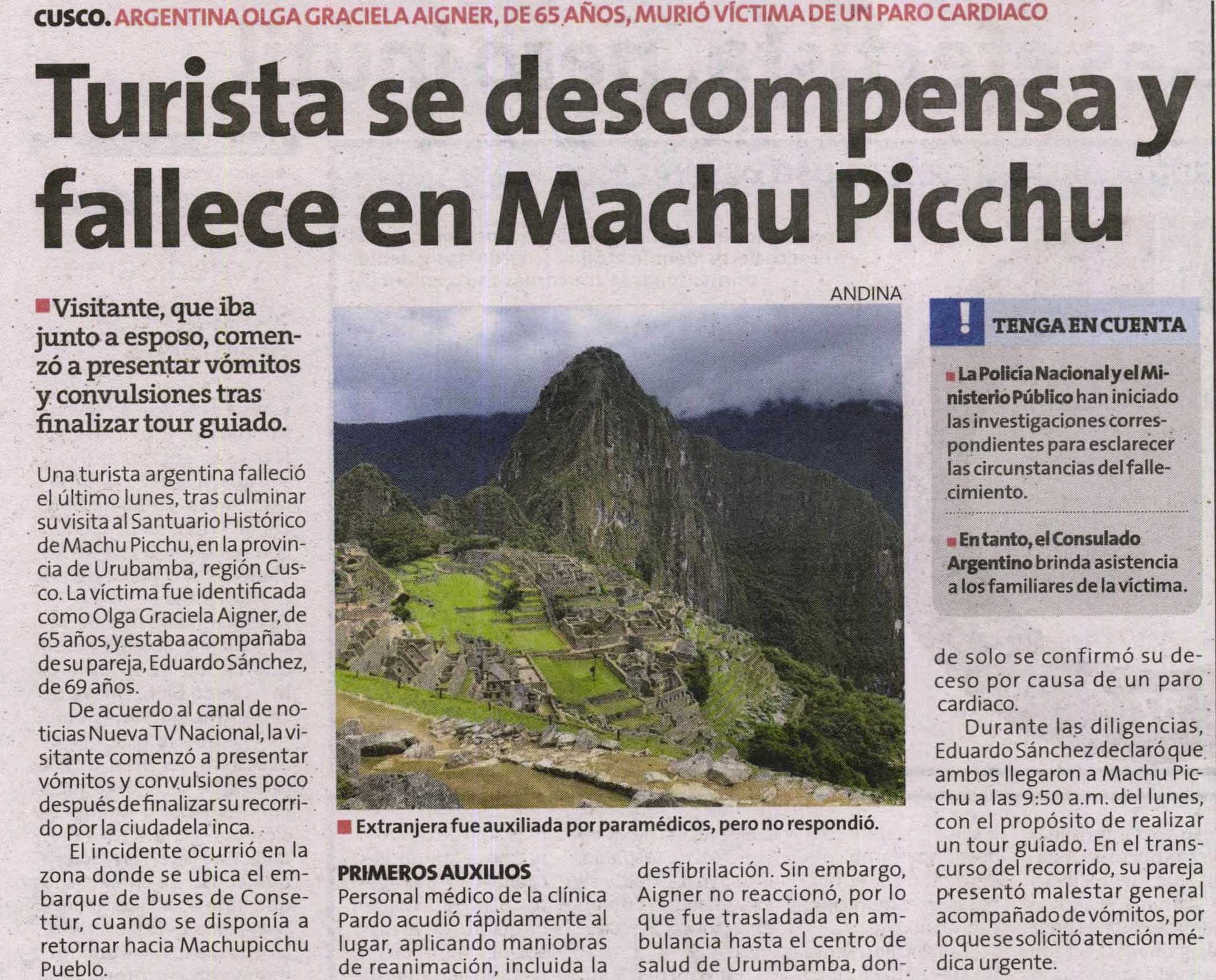 TURISTA ARGENTINA FALLECE DURANTE VISITA A MACHU PICCHU