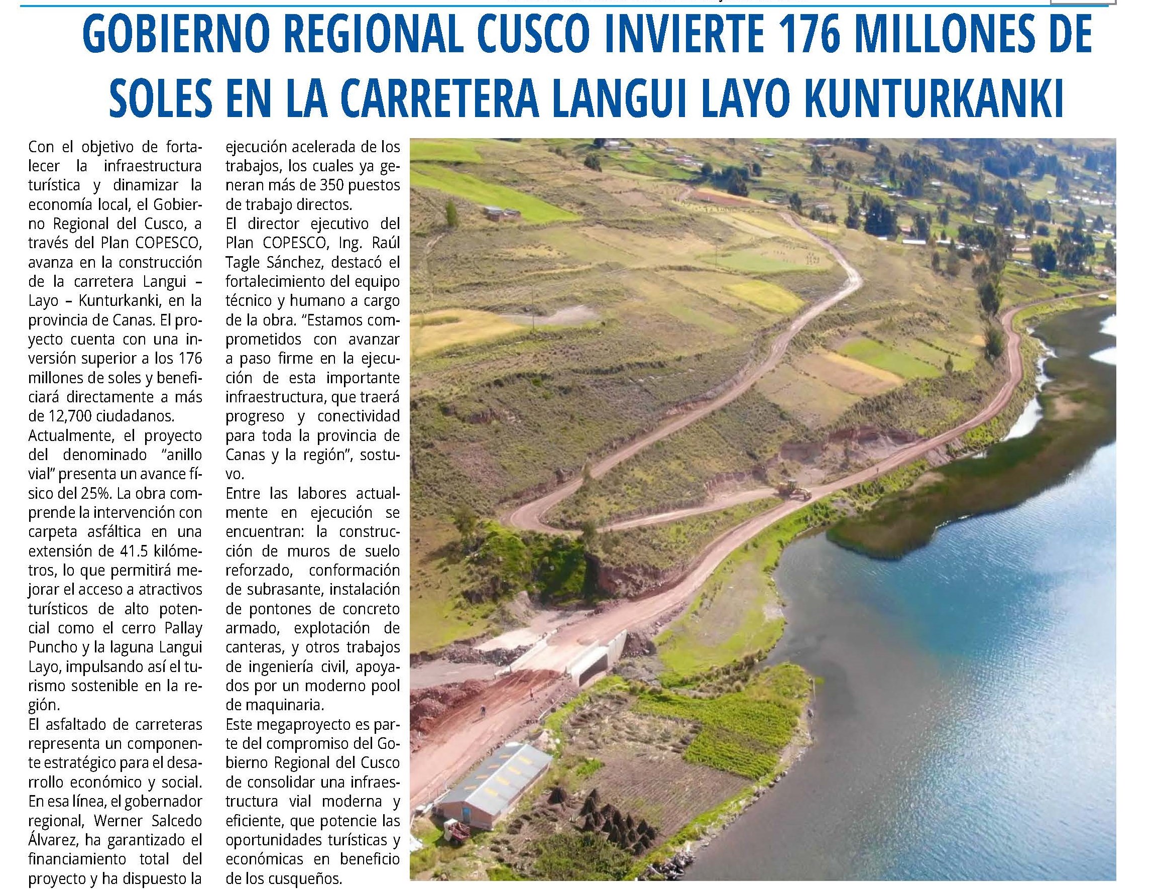 INVIERTEN S/ 176 MILLONES EN LA CARRETERA LANGUI LAYO KUNTURKANKI