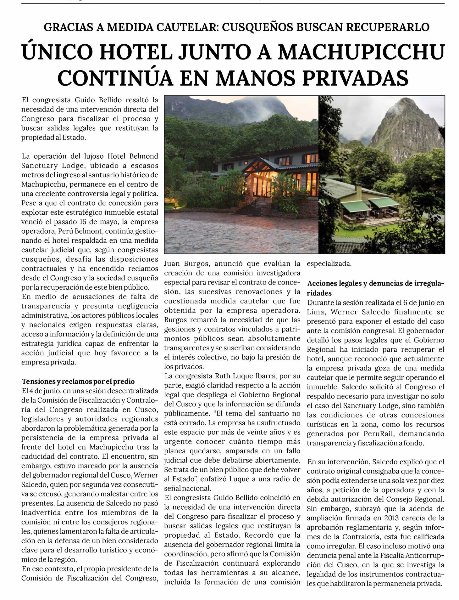 GOBERNADOR REGIONAL HABRÍA OMITIDO ARBITRAJE EN CASO DEL HOTEL SANCTUARY LODGE