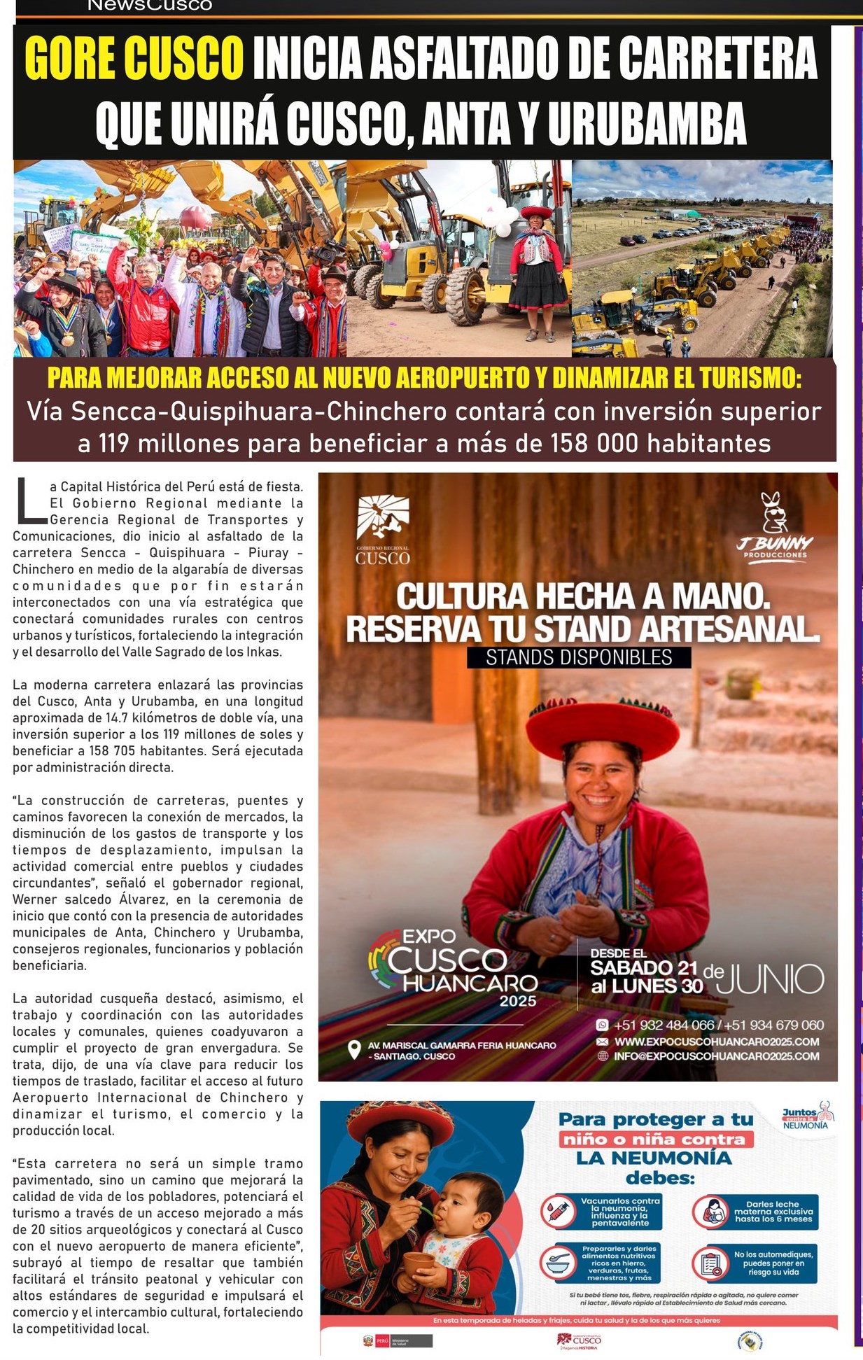 GORE CUSCO INICIA ASFALTADO DE CARRETERA QUE UNIRÁ CUSCO, ANTA Y URUBAMBA