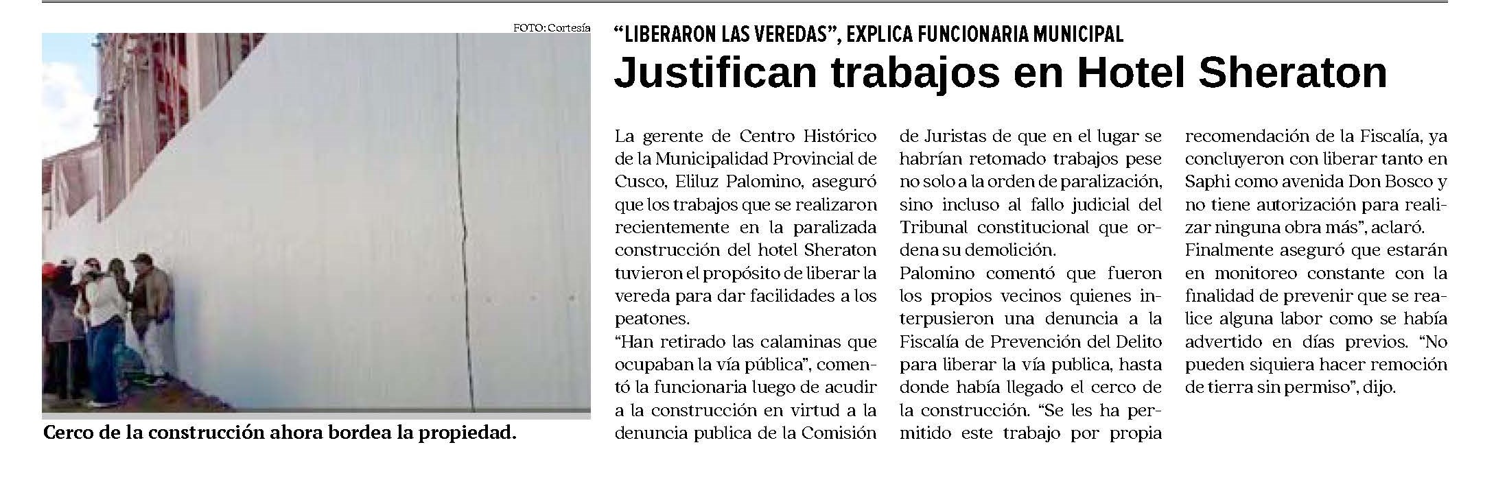 JUSTIFICAN TRABAJOS EN HOTEL SHERATON