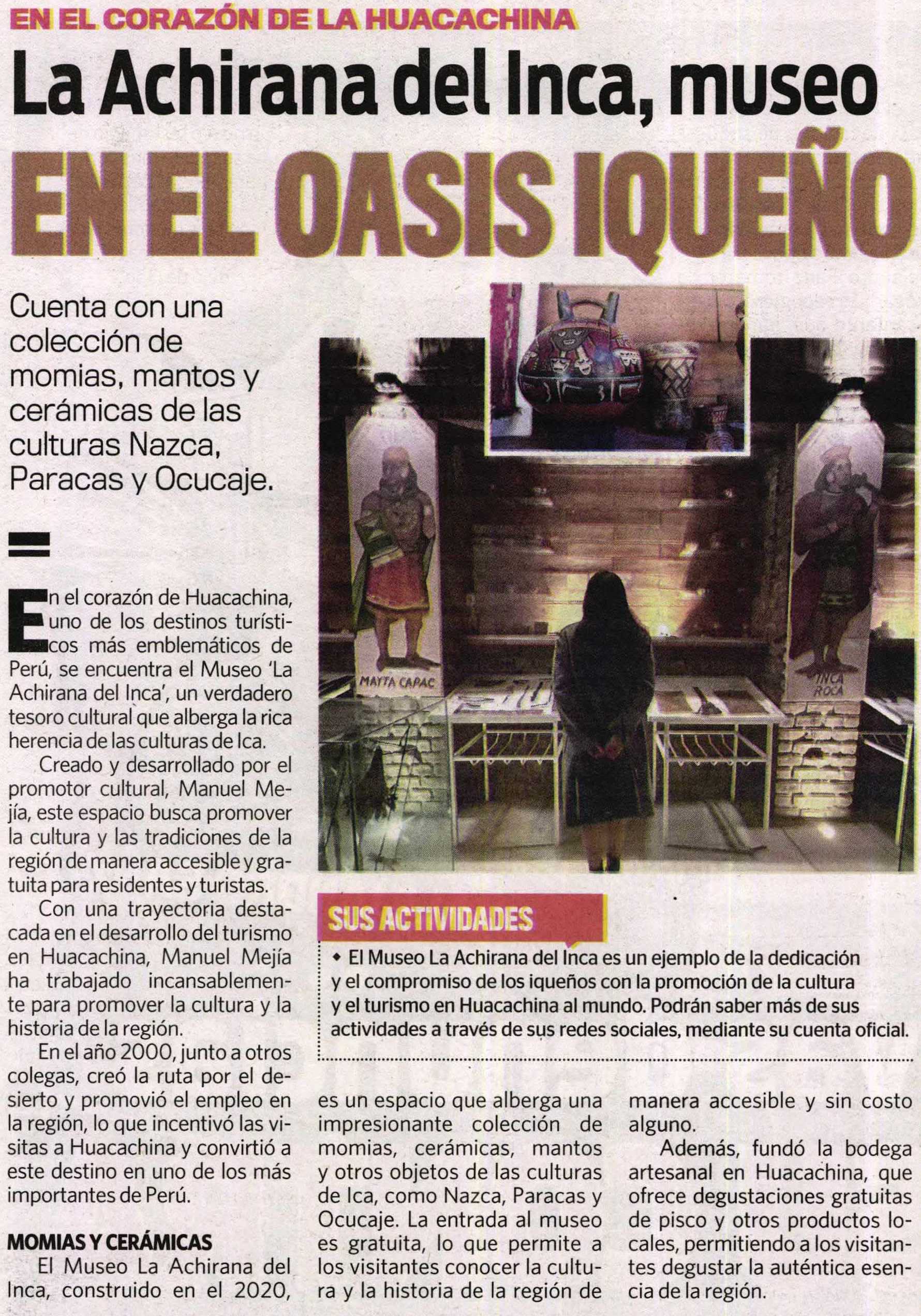 ICA: LA ACHIRANA DEL INCA, MUSEO EN EL OASIS IQUEÑO