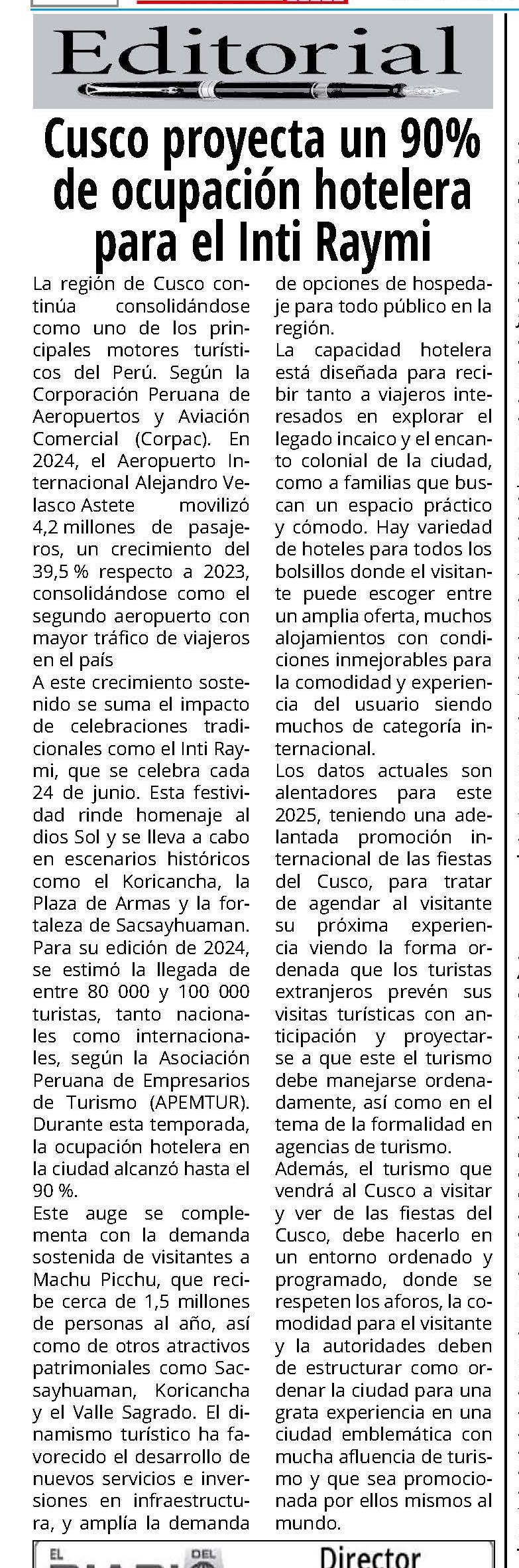 CUSCO PROYECTA UN 90 % DE OCUPACIÓN HOTELERA PARA EL INTI RAYMI