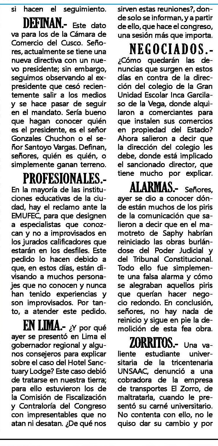 GOBERNADOR DEL CUSCO INFORMÓ EN EL CONGRESO SOBRE HOTEL SANCTUARY LODGE