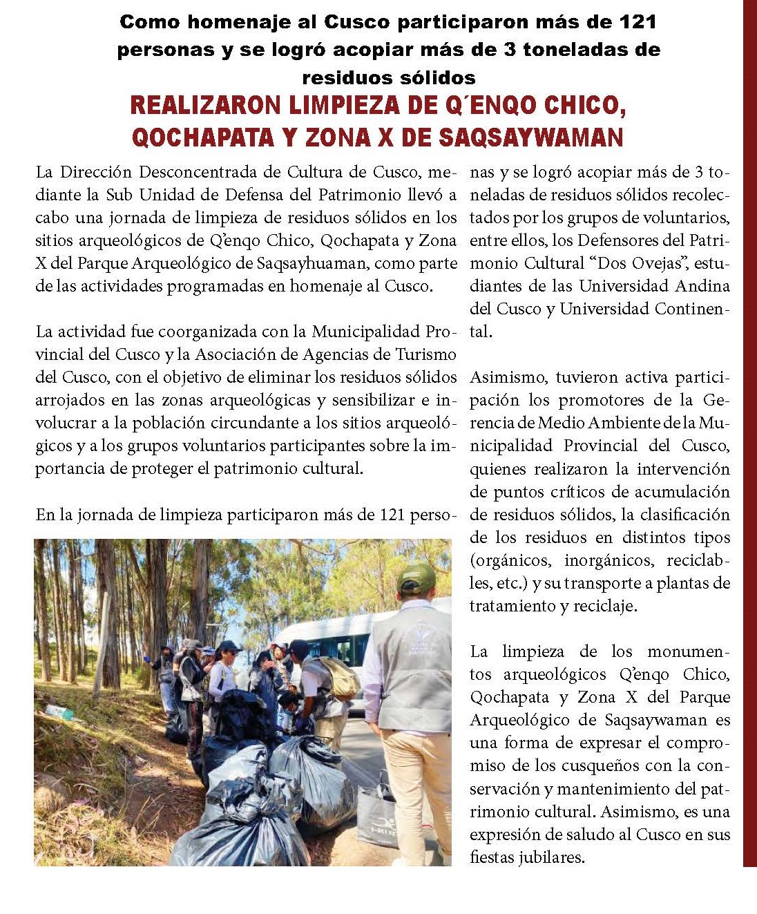RETIRAN 25 METROS CÚBICOS DE RESIDUOS SÓLIDOS DE SACSAYHUAMÁN TRAS EL INTI RAYMI