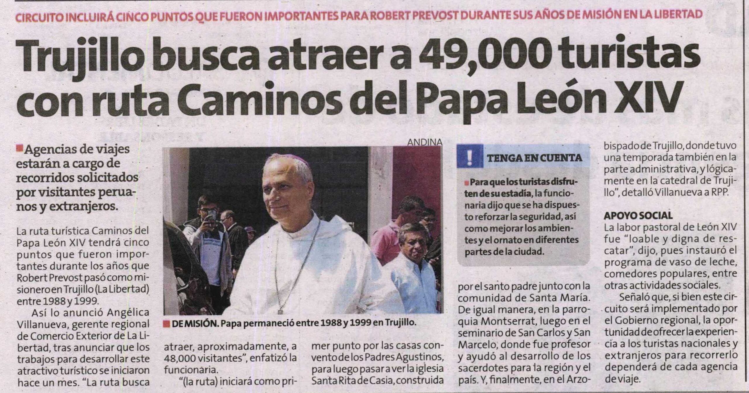 CHICLAYO: IMPULSAN LA RUTA TURÍSTICA CAMINOS DEL PAPA LEÓN