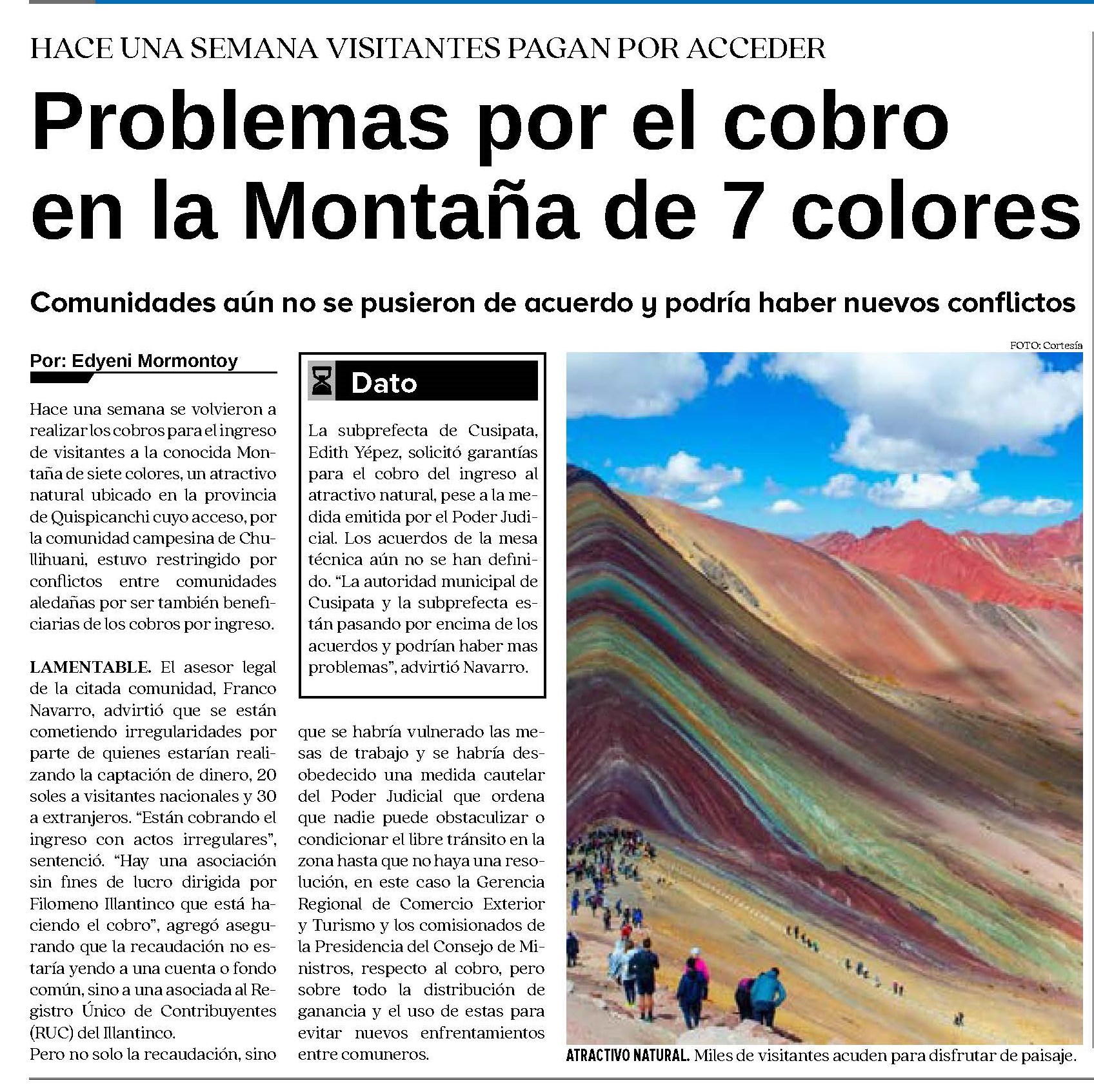 PROBLEMAS POR EL COBRO EN LA MONTAÑA DE 7 COLORES