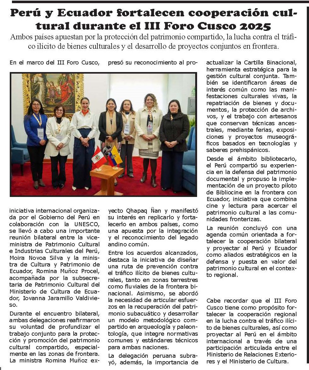 PERÚ Y ECUADOR FORTALECEN COOPERACIÓN CULTURAL DURANTE EL III FORO CUSCO 2025