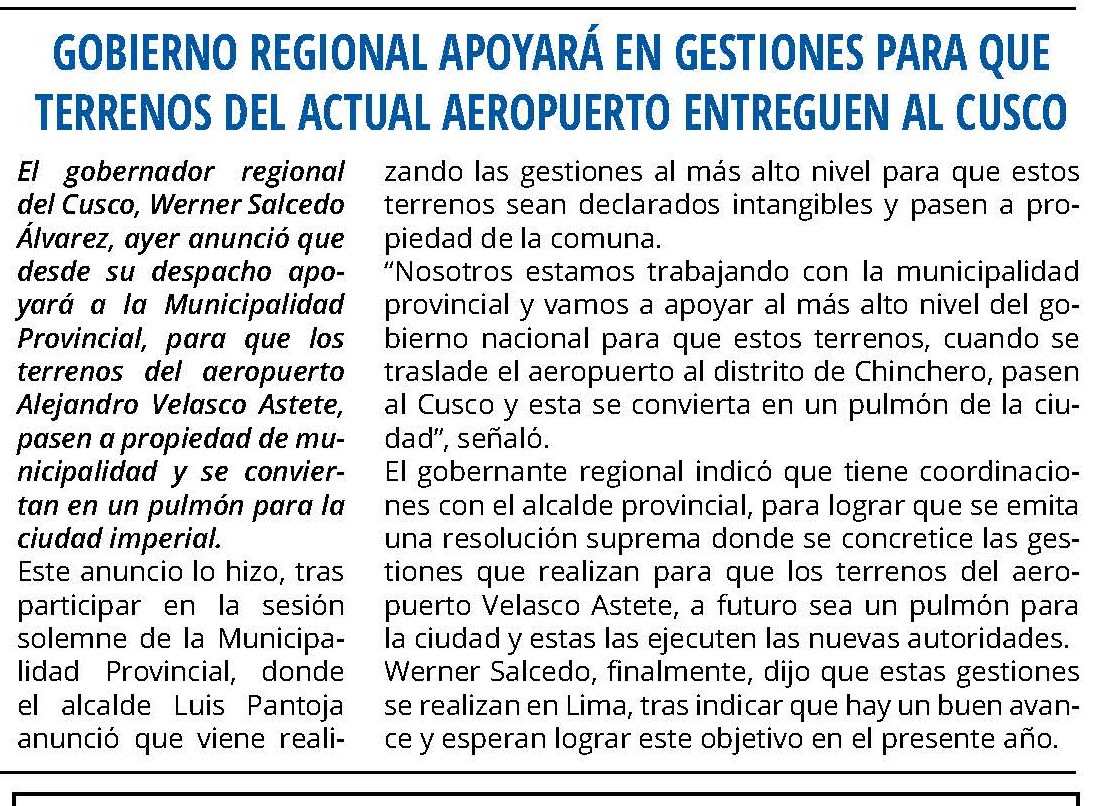 GOBIERNO REGIONAL APOYARÁ EN GESTIONES PARA QUE TERRENOS DEL ACTUAL AEROPUERTO ENTREGUEN AL CUSCO